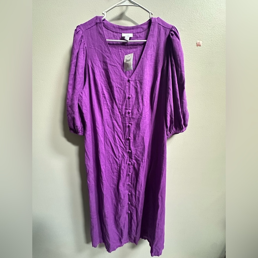 NEW‎ J.Jill Linen Blend Balloon Sleeve Button Front Purple Midi Dress Women’s LP - Picture 5 of 11